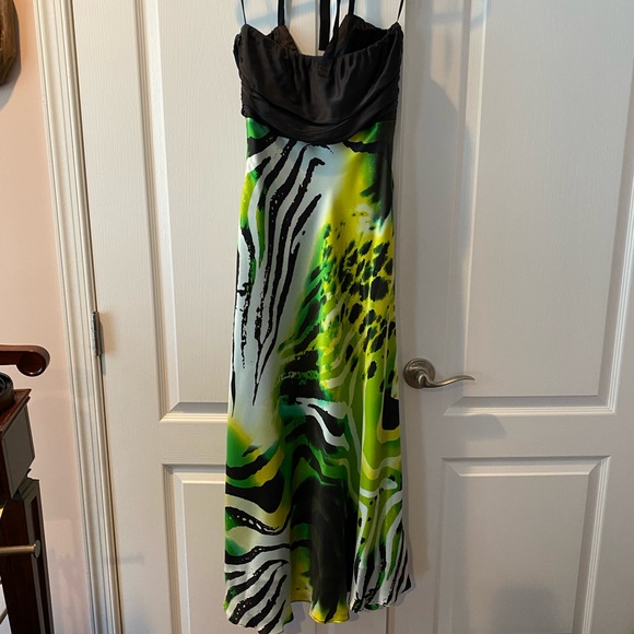 Cache Prom dress. Zebra design mixed with green and yellow colors. Halter tie. - Picture 3 of 3